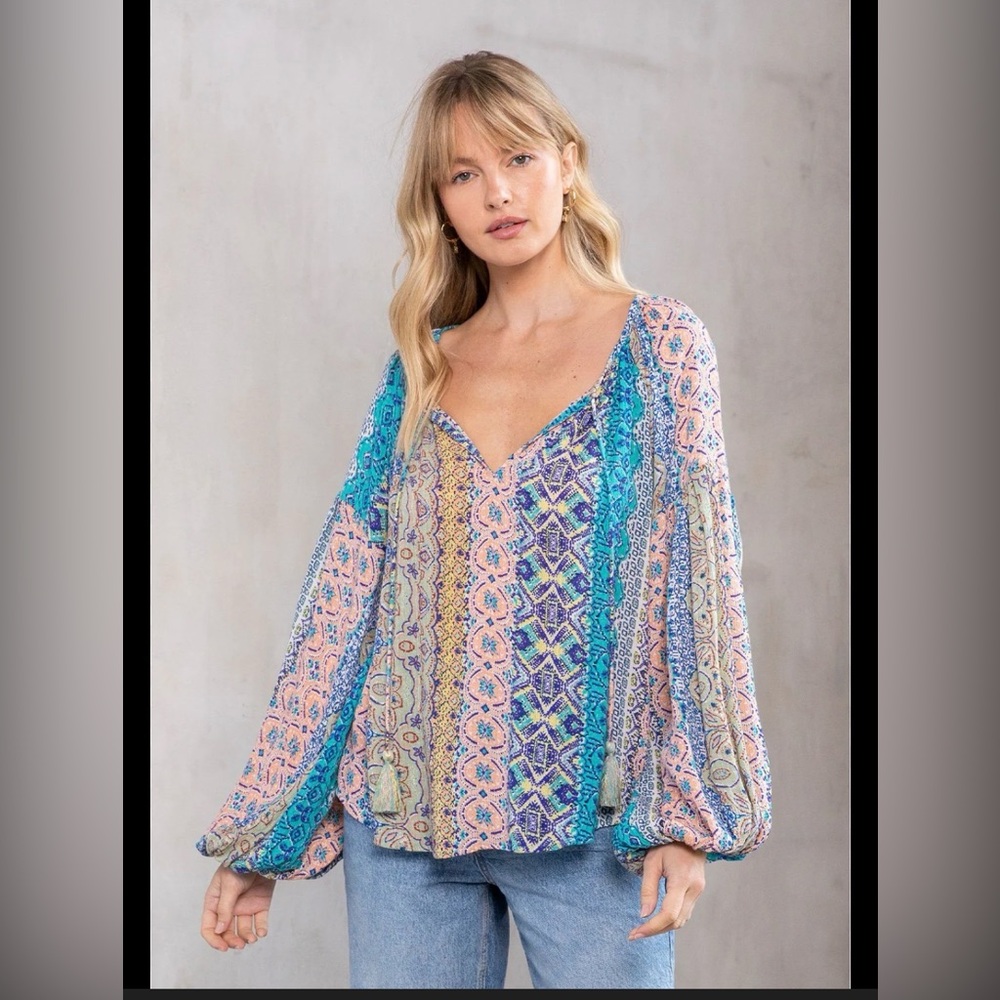Lovestitch Vibrant Patterned Bohemian Balloon Sleeved Blouse Oversized